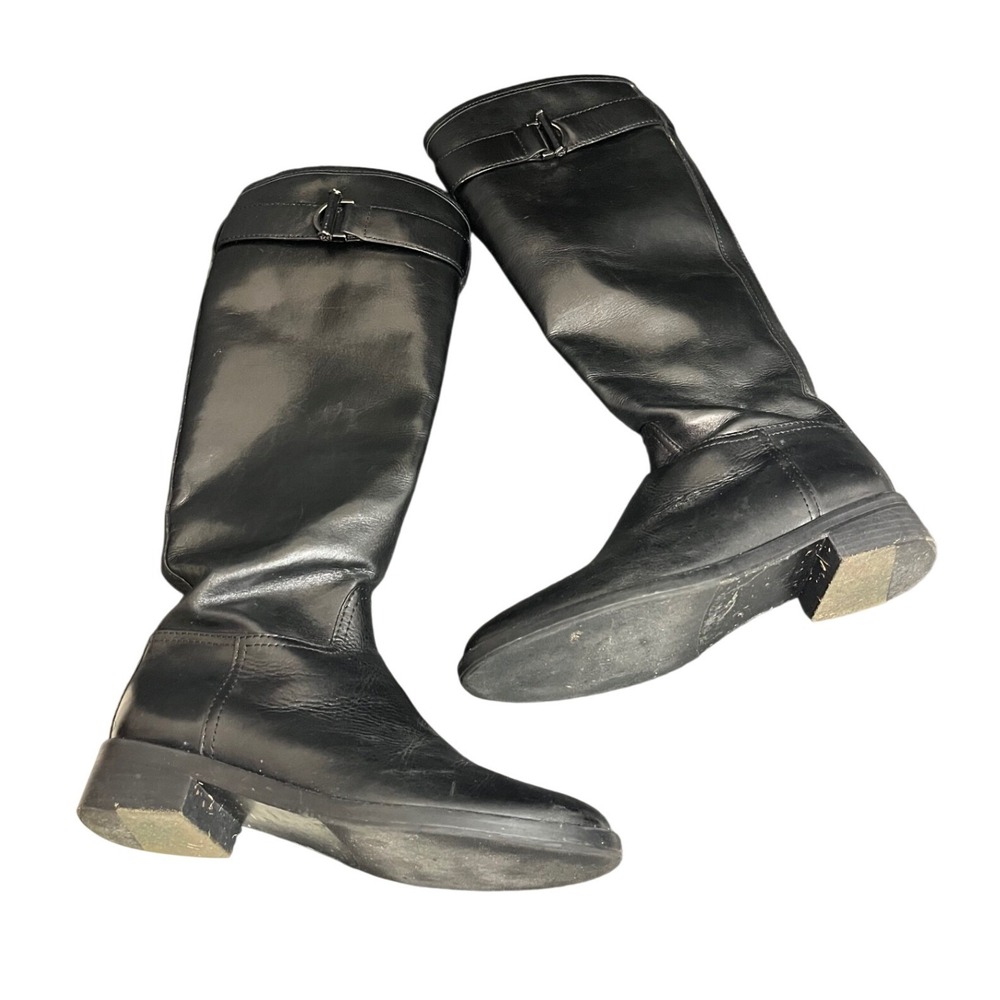 Tory Burch Grace Riding Boots 7.5M Black Leather Knee High Buckle Brazil Made